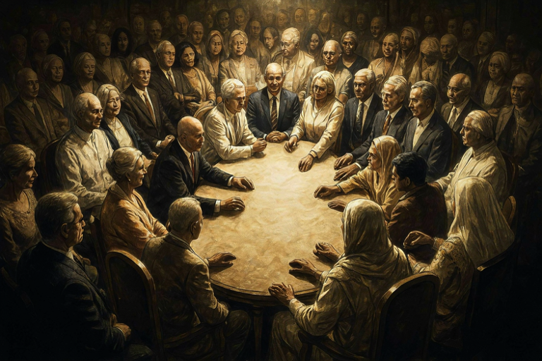Conceptual illustration of diverse influential figures gathered around a central table in a dimly lit advisory room.