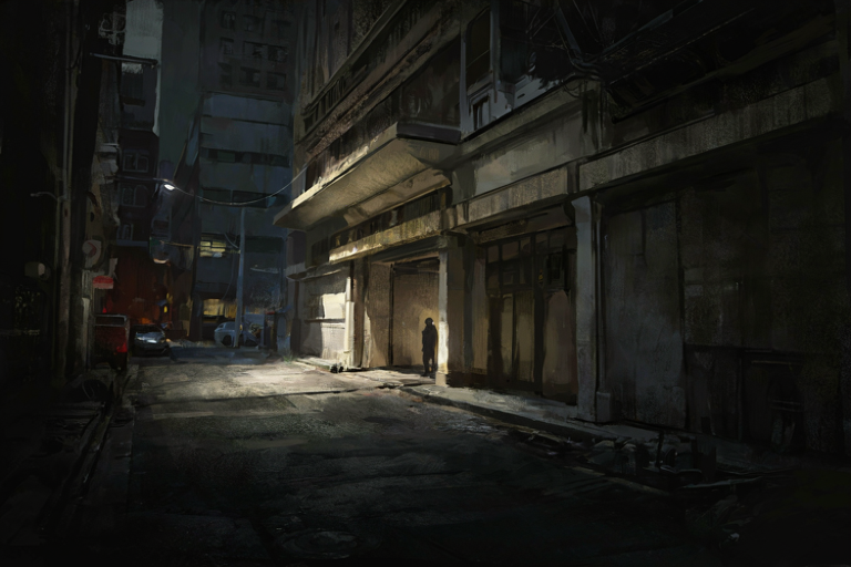 A wide, cinematic illustration of a dilapidated police precinct in a dystopian city at night, emphasizing isolation and urban decay.