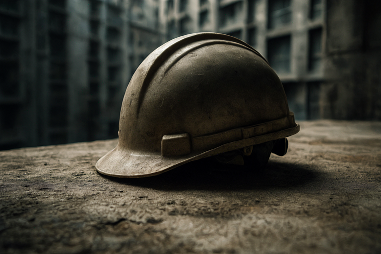 A heavy, utilitarian construction helmet rests on rough concrete, set against the shadowed facade of a modern residential building in a dramatic, low-angle composition.