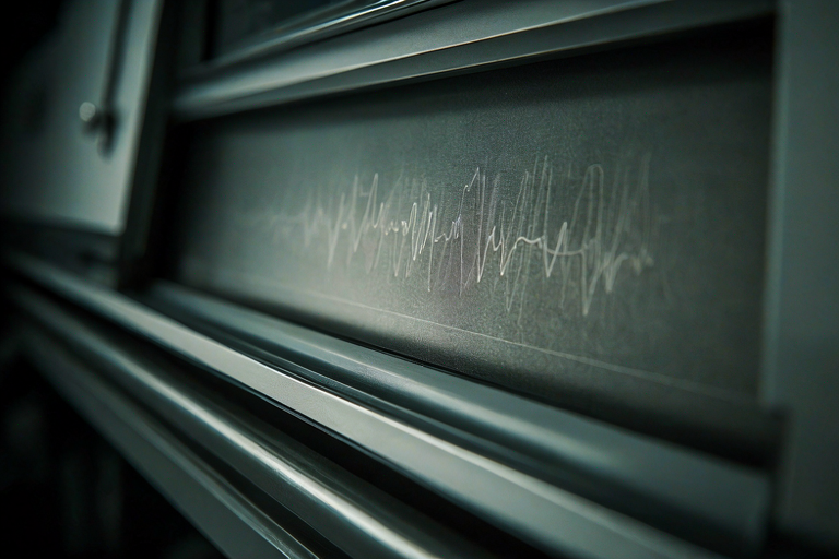 A close-up of a medical monitor displaying irregular waveforms in a dimly lit, professional setting, symbolizing a critical health event.