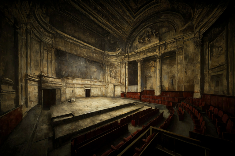 Editorial illustration of a dramatic theatre interior setting for a documentary performance.