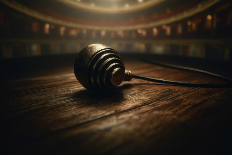 An editorial illustration of a vintage microphone on a polished wooden surface, dramatically lit with a blurred theater background.