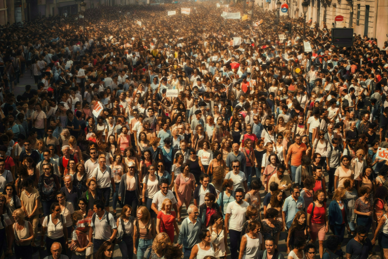 A wide editorial illustration depicting a large, determined crowd of people marching through a French city square during a protest.