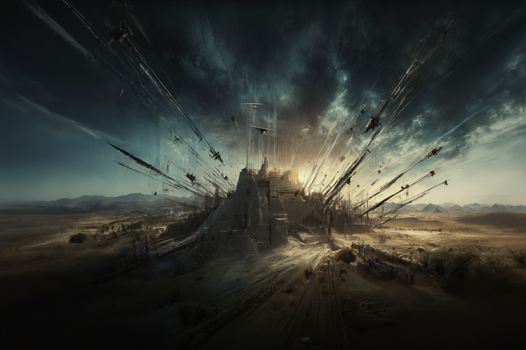 Conceptual illustration of escalating regional tension with stylized projectiles moving toward a fortified silhouette under a dramatic sky.