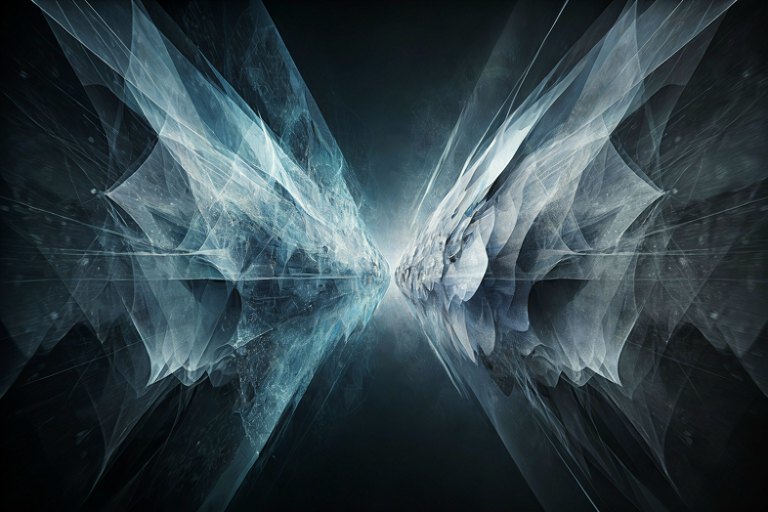 Editorial illustration depicting abstract global technological negotiation between two opposing forces.