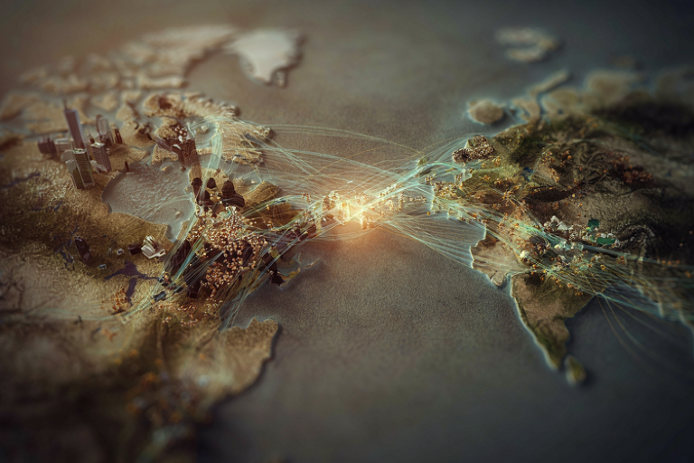 Editorial illustration of abstract international partnership in healthcare, showing interconnected glowing pathways between two stylized landmasses.