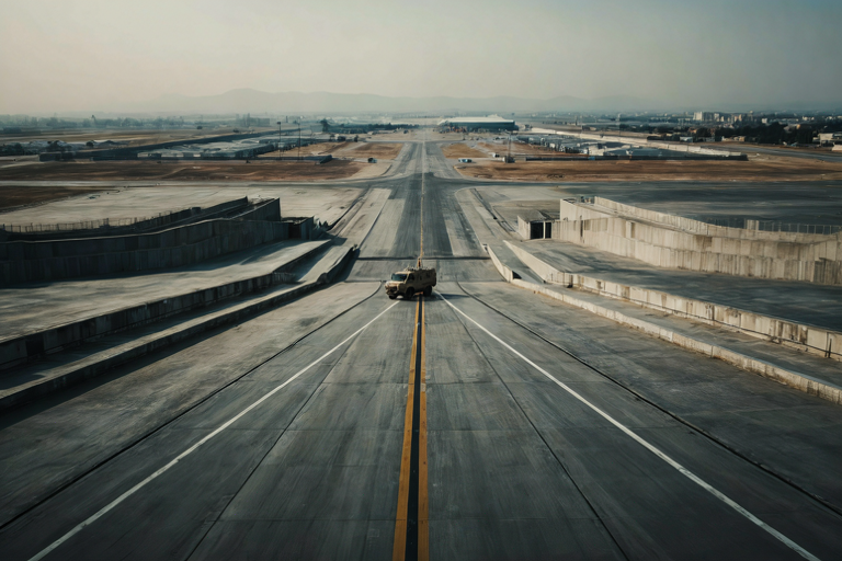 A conceptual illustration of a vast, secure airfield under an overcast sky, emphasizing the scale and tension of a military investigation.