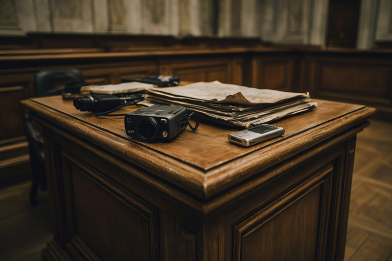 Editorial illustration of surveillance equipment resting on a table in a courtroom setting.