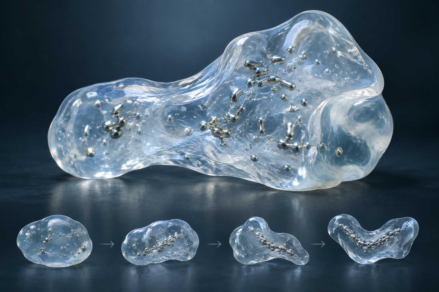 An illustration of a light-triggered hydrogel containing liquid metal particles undergoing slow, self-sustaining structural evolution.