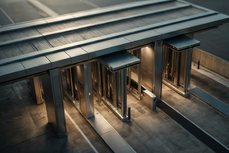 Conceptual illustration of a modern, dual-sided automated border crossing infrastructure.