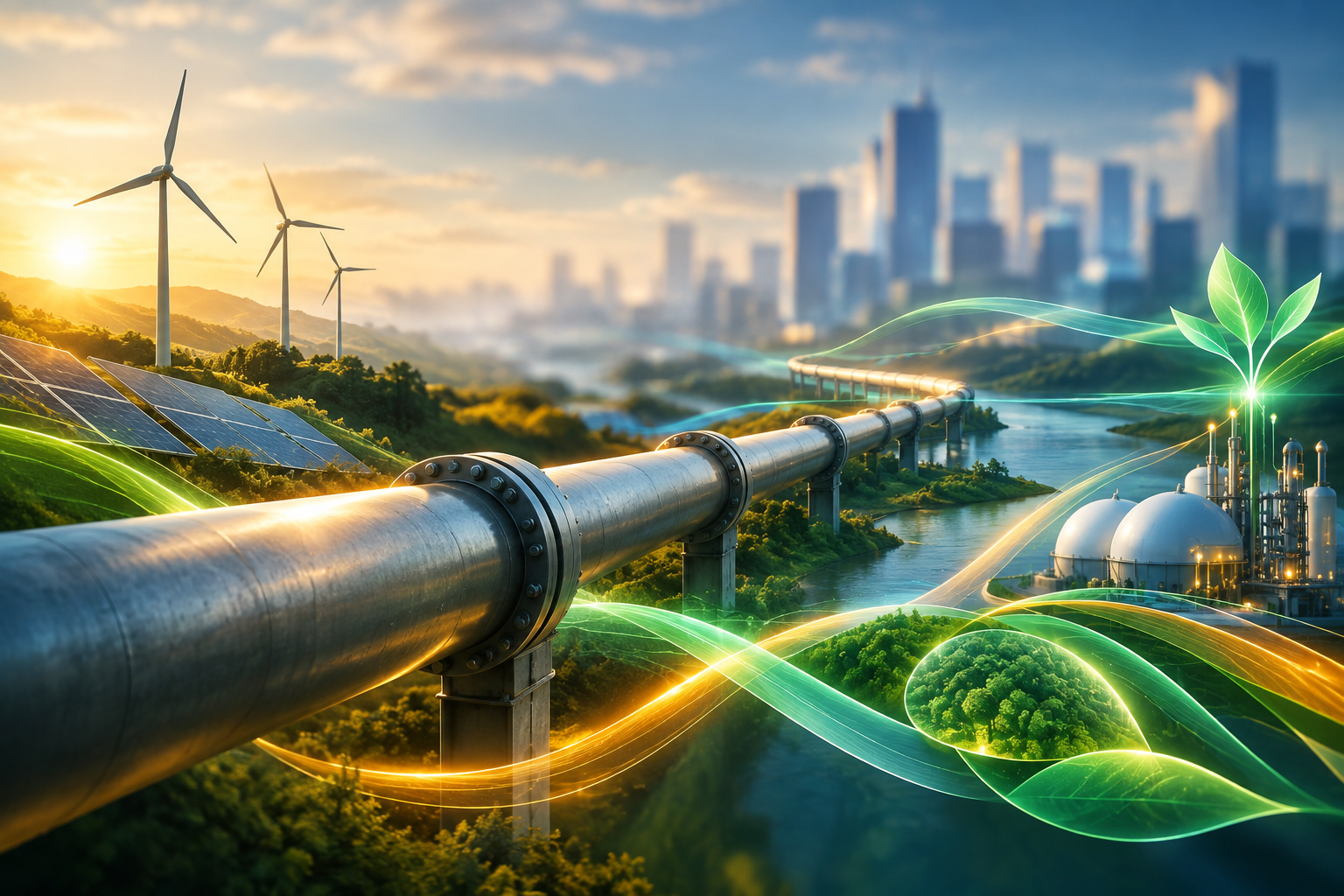 Editorial illustration of interconnected energy flows and sustainable infrastructure concepts.