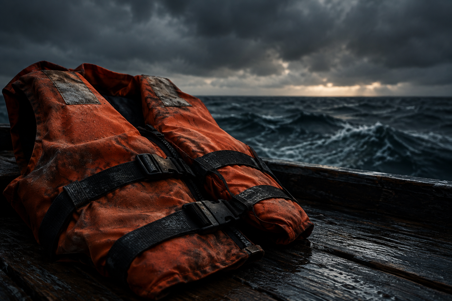 A weathered maritime life vest resting on a dark wooden surface, suggesting a difficult journey and eventual return.
