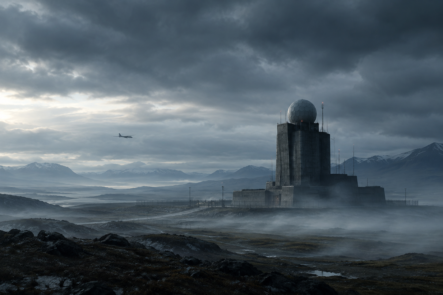 Conceptual illustration of a monolithic military installation under a heavy sky, symbolizing security and surveillance.