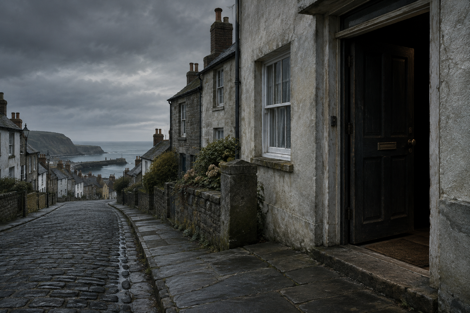 A somber editorial illustration of a quiet, traditional residential street with a dark wooden door slightly ajar, emphasizing a sense of gravity and isolation.