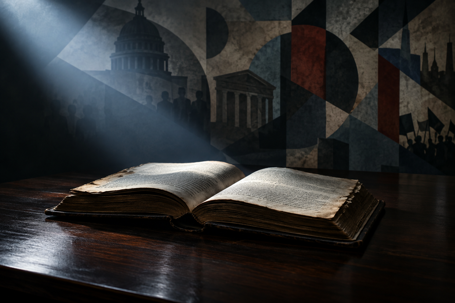 An editorial illustration depicting a single open, aged book on a dark wooden surface under a focused beam of light, symbolizing ideological conflict.