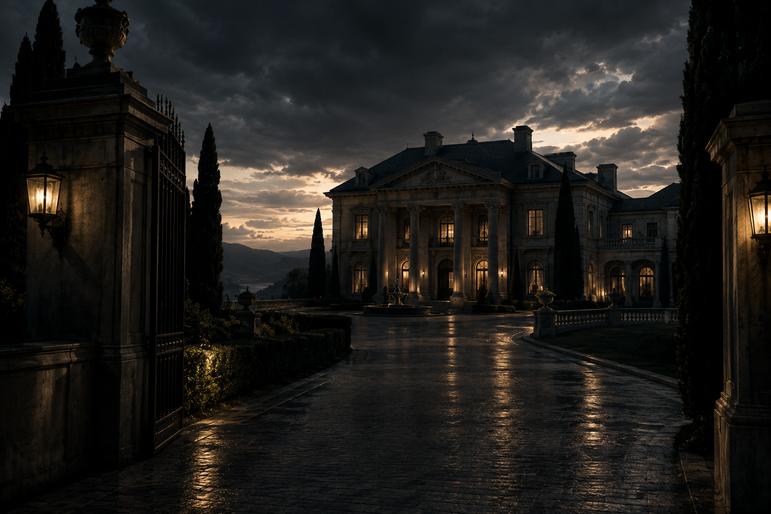 A wide-angle editorial illustration of a large, imposing residence under dramatic, shadowed lighting.