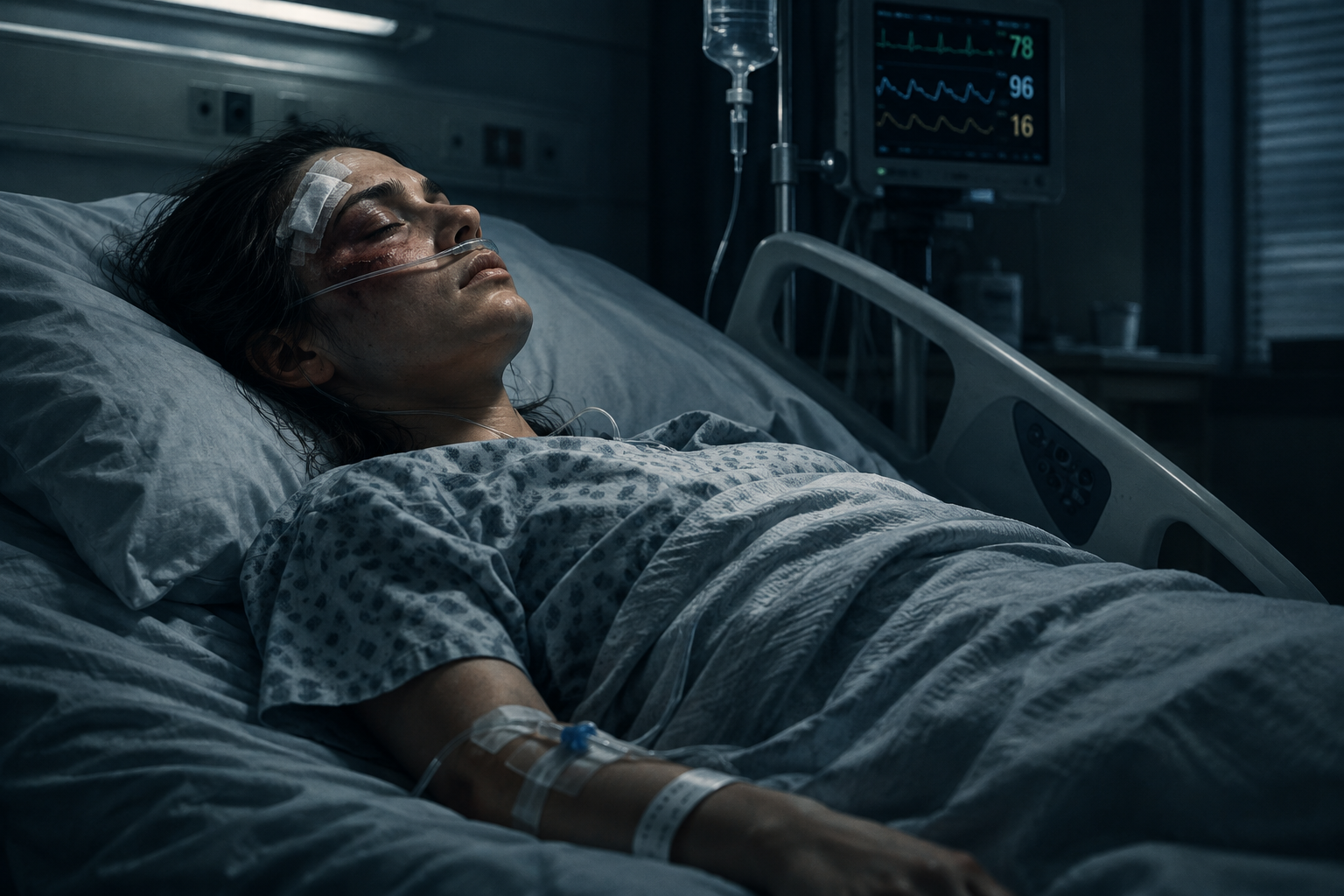 A somber, close-up editorial illustration of a figure resting in a hospital bed under clinical lighting, conveying a sense of fragile recovery.