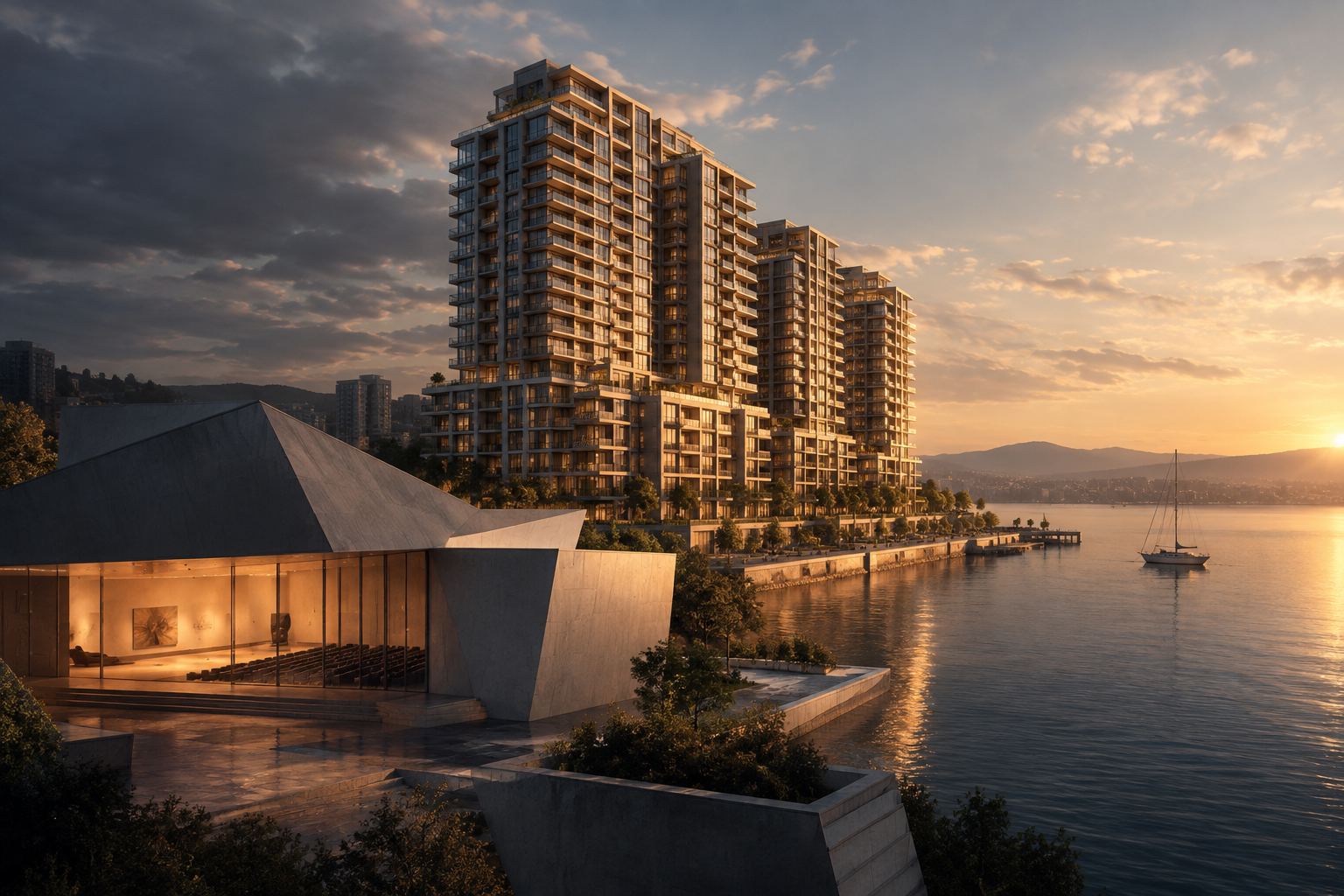 Conceptual illustration contrasting large-scale luxury property development with the need for sustainable cultural funding in an urban waterfront setting.