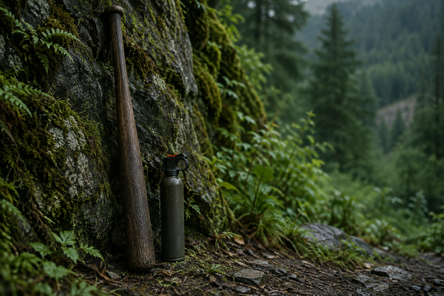A baseball bat and a canister of bear spray are positioned on a mossy stone wall in a dense, shadowed hillside environment.