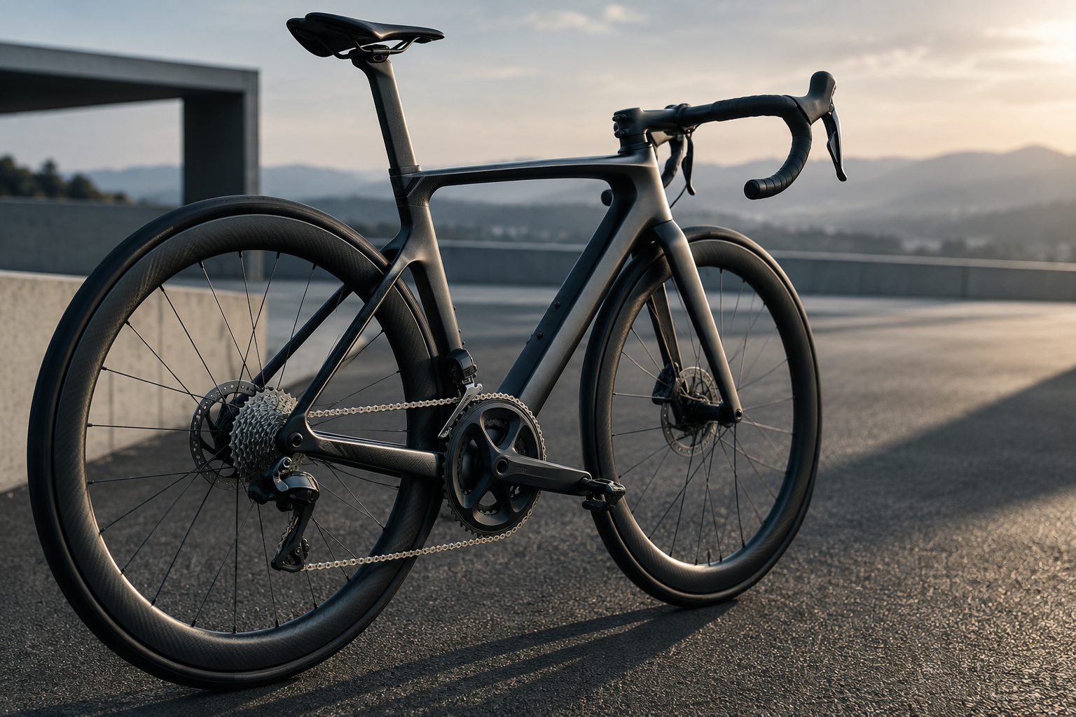 A professional editorial illustration of a high-performance road bicycle in a focused training setting.