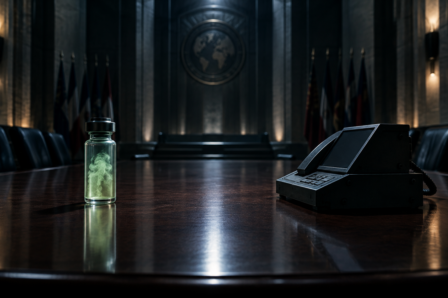 Conceptual illustration of a sealed vial of vapor on a dark conference table, symbolizing a high-stakes diplomatic discussion about a biological incident.