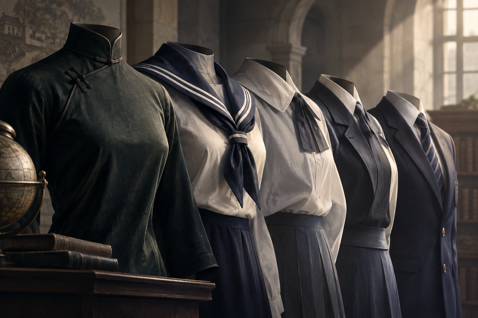 Conceptual illustration showing the stylistic evolution of school uniforms from traditional qipao designs to sailor collar styles.
