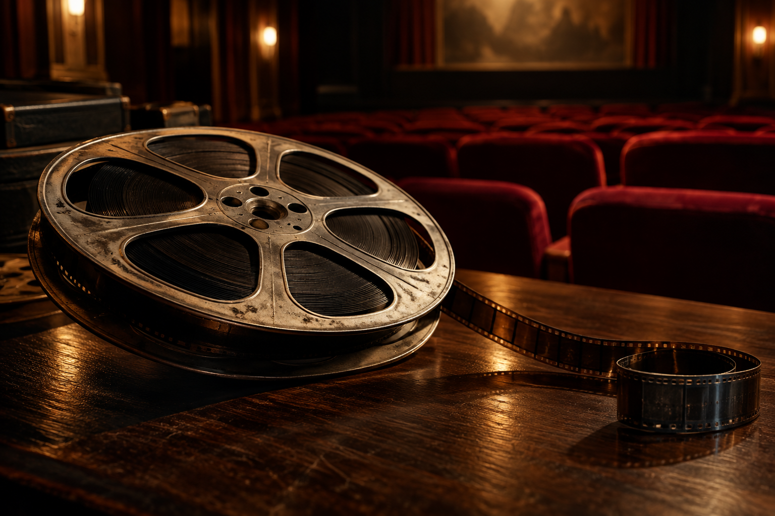 Editorial illustration of a vintage film reel resting on a dark wooden surface inside a classic, dimly lit art house cinema.