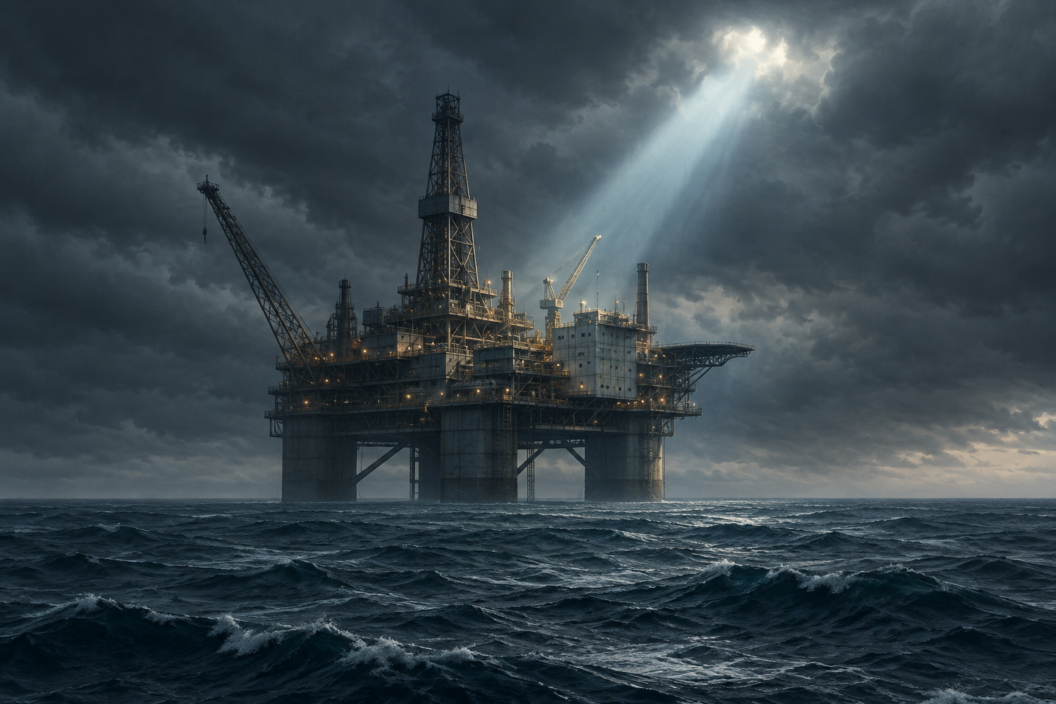 Conceptual illustration of an offshore oil and gas platform under a dramatic sky, symbolizing energy investment decisions.