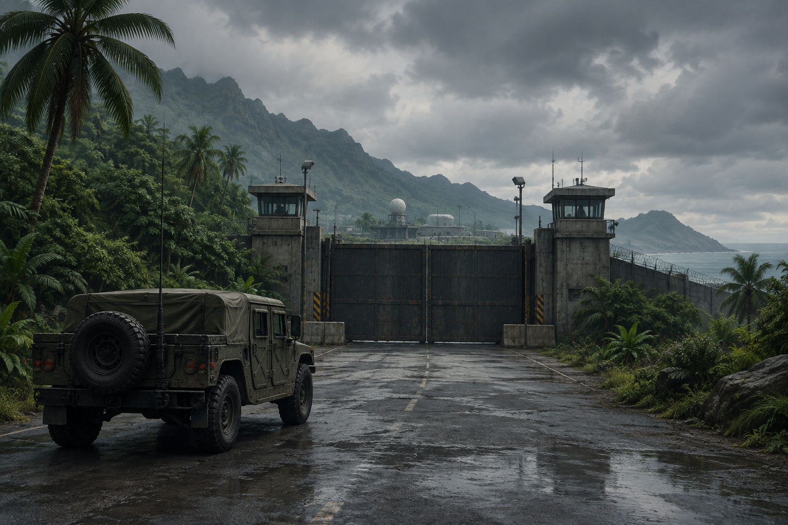 Editorial illustration of a restricted military installation on a tropical island under an overcast sky.