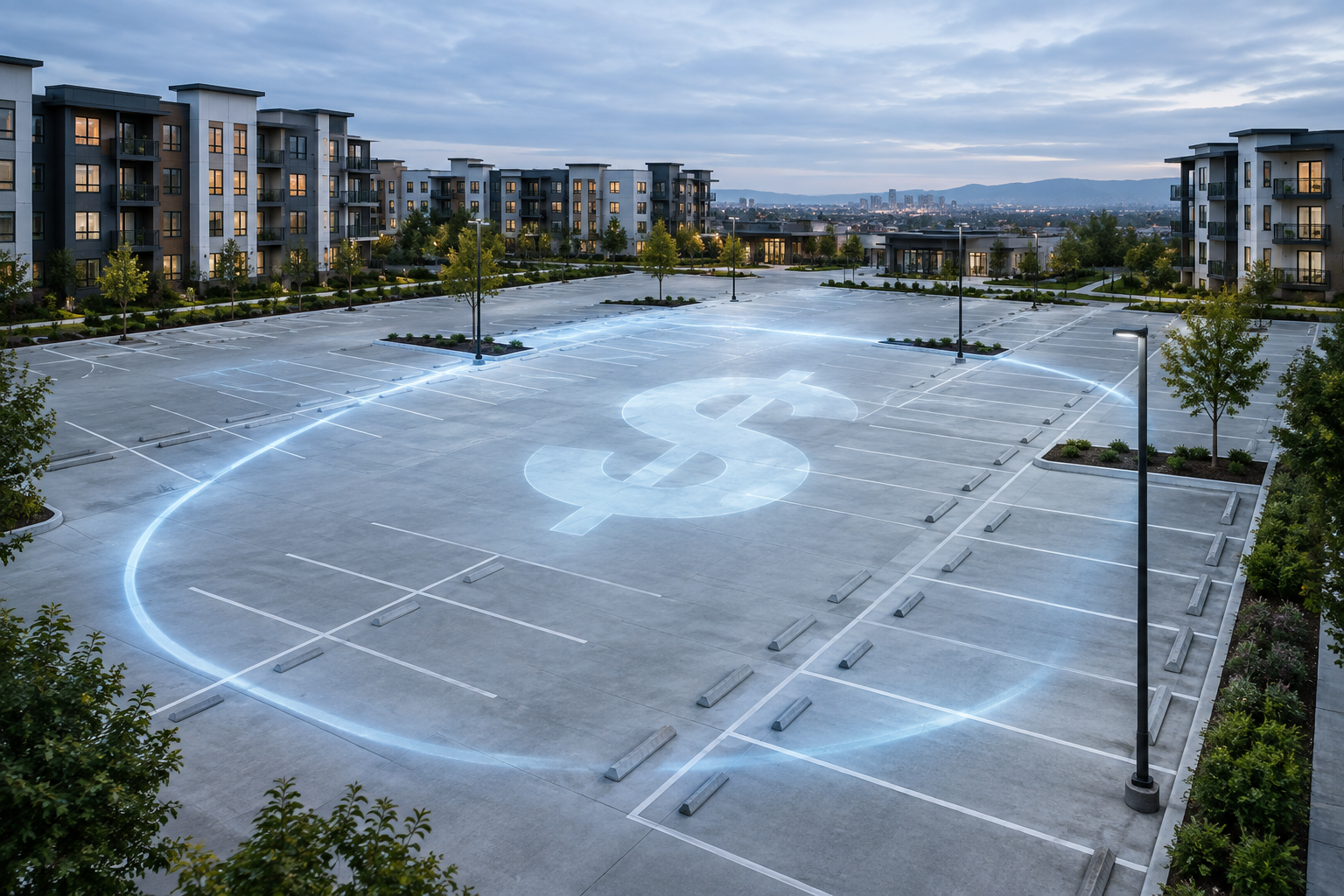Editorial illustration depicting a large expanse of uniform concrete parking spaces in a residential area, emphasizing scale and ownership.