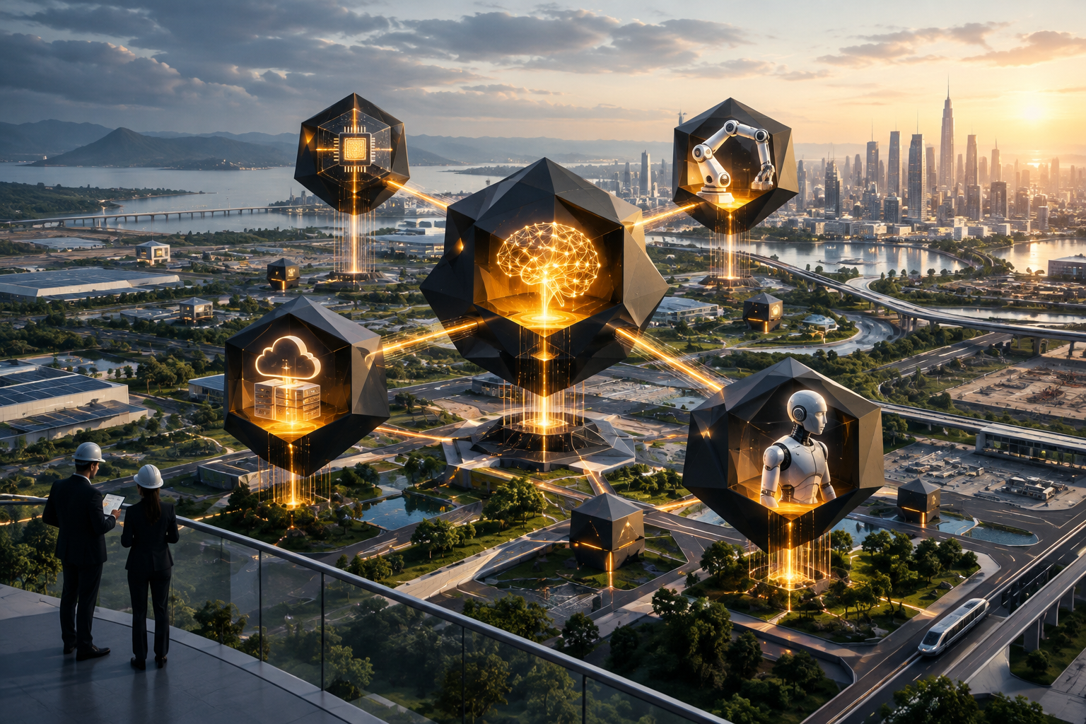 Abstract illustration of a high-value technological network within a modern, expansive urban development.