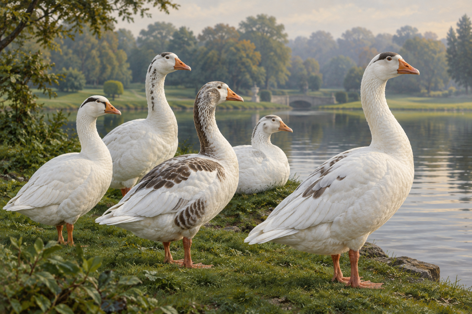 Editorial illustration of a genetically distinct population of swan geese in a calm, cultivated landscape.