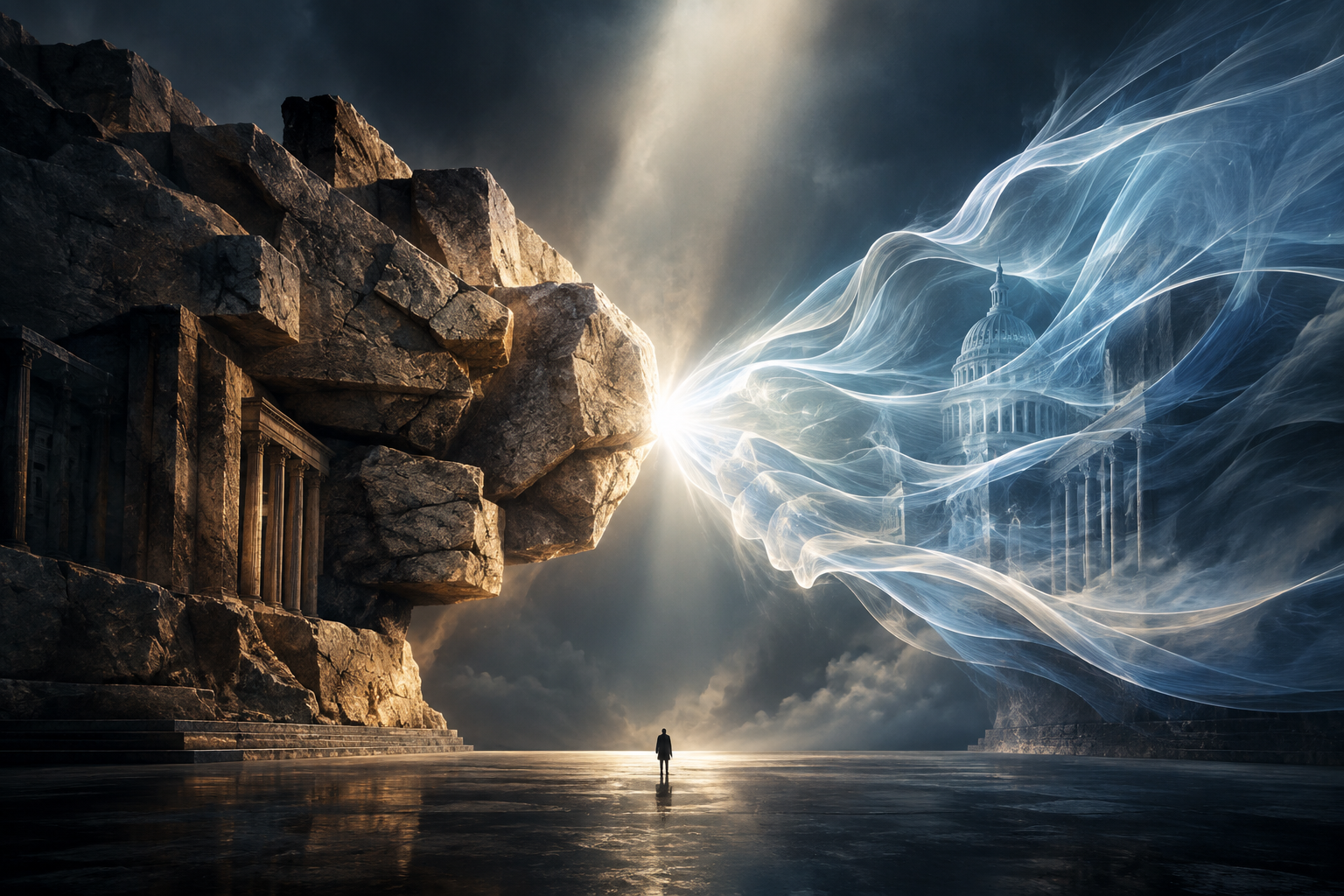An editorial illustration depicting a conceptual ideological divide between two opposing abstract forces.