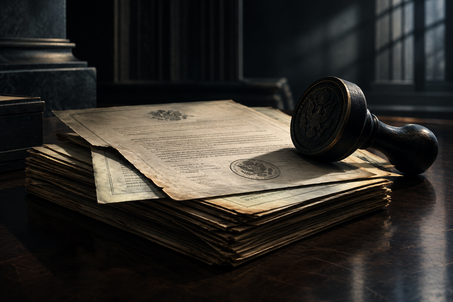 Editorial illustration of official documents and a heavy seal, symbolizing fraudulent claims and investigation.