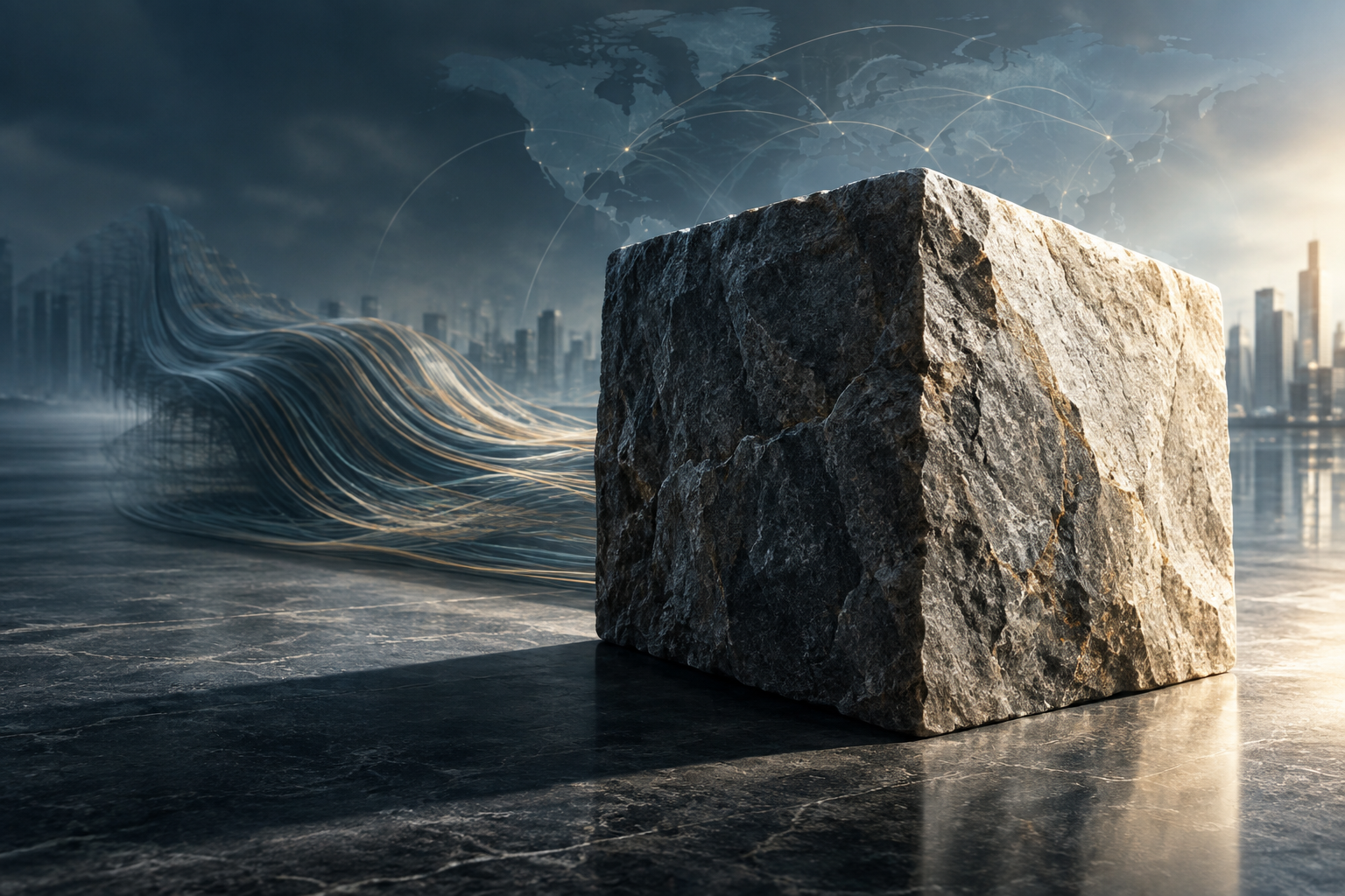 Conceptual illustration showing a heavy, solid block of stone representing real estate dominating a receding, ethereal flow of lines representing private credit.