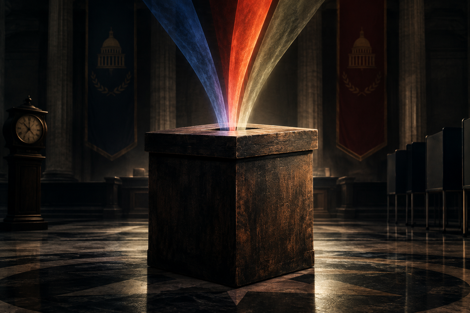 Conceptual illustration of political tension surrounding an election, focusing on a stylized ballot box and streams of light representing competing political forces.