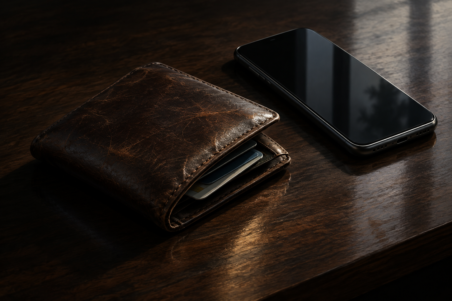 Editorial illustration of a worn leather wallet and a dark smartphone on a polished wooden surface, symbolizing theft and legal consequence.