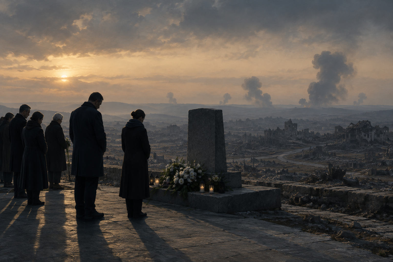 Editorial illustration depicting a somber memorial scene contrasted with distant plumes of smoke suggesting ongoing conflict.