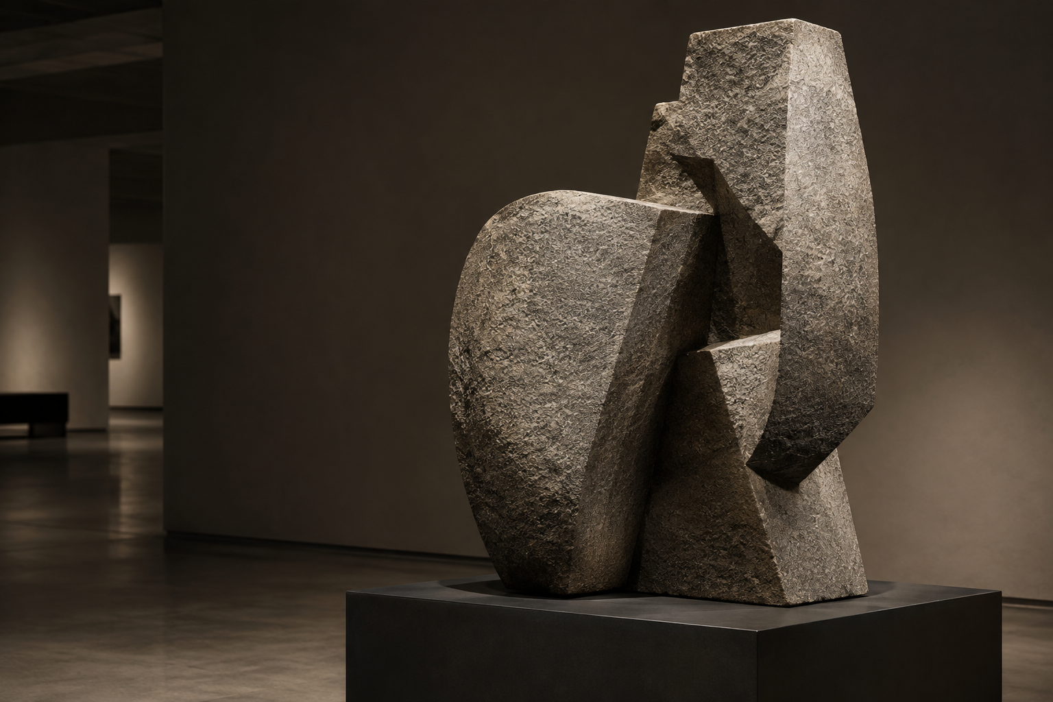 Minimalist stone sculpture displayed in a sophisticated gallery setting, emphasizing form and texture.