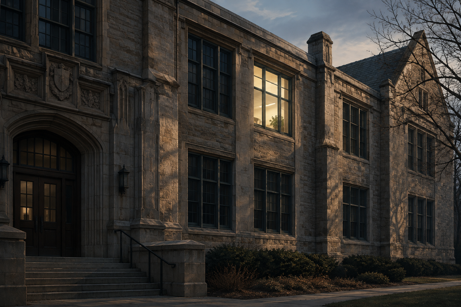 An editorial illustration of an older school building emphasizing energy conservation and structural constraints.