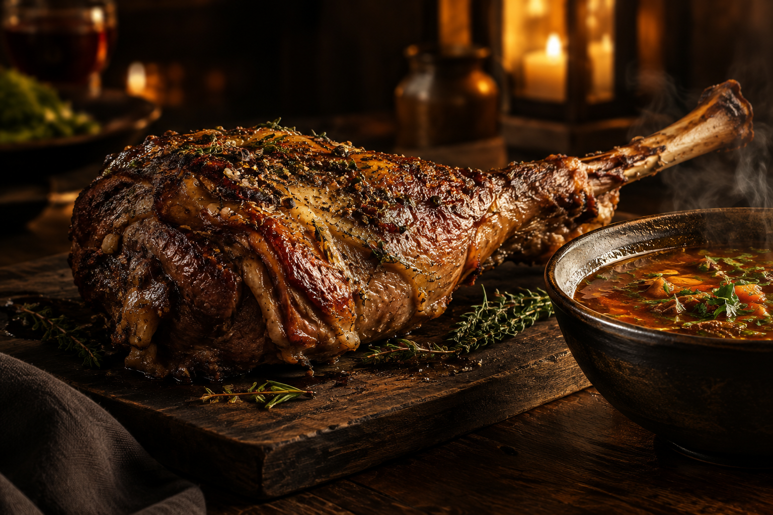 A close-up, sophisticated editorial illustration of a seasoned lamb leg and a bowl of soup on a dark wooden board, set in a warmly lit, blurred dining environment.