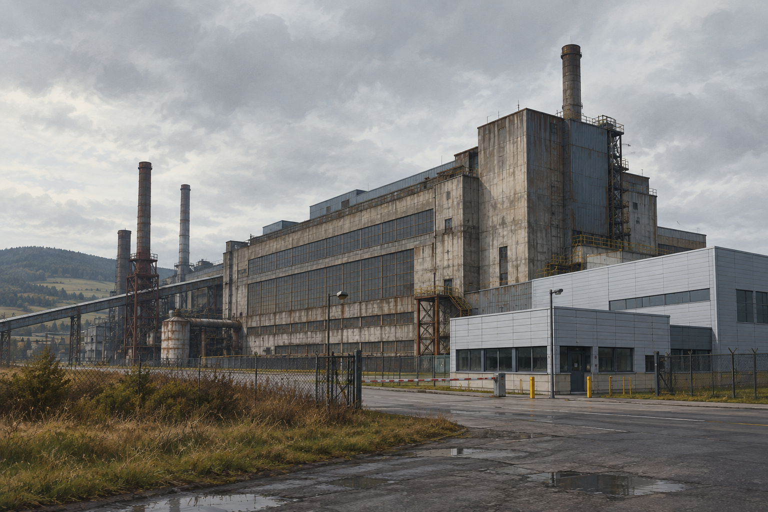 Editorial illustration of a large, aging industrial factory building in a quiet, semi-rural setting, conveying a sense of industrial transition and uncertainty.