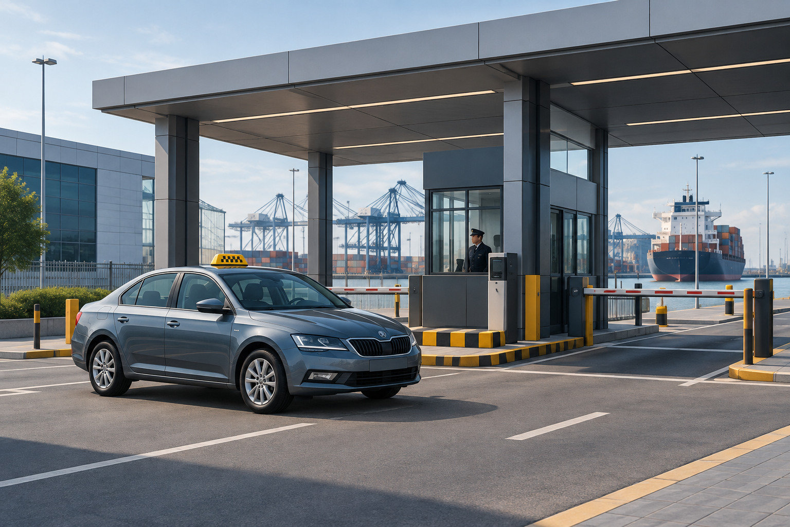 Editorial illustration of a regulated transport hub at a port entrance, featuring a single authorized taxi.