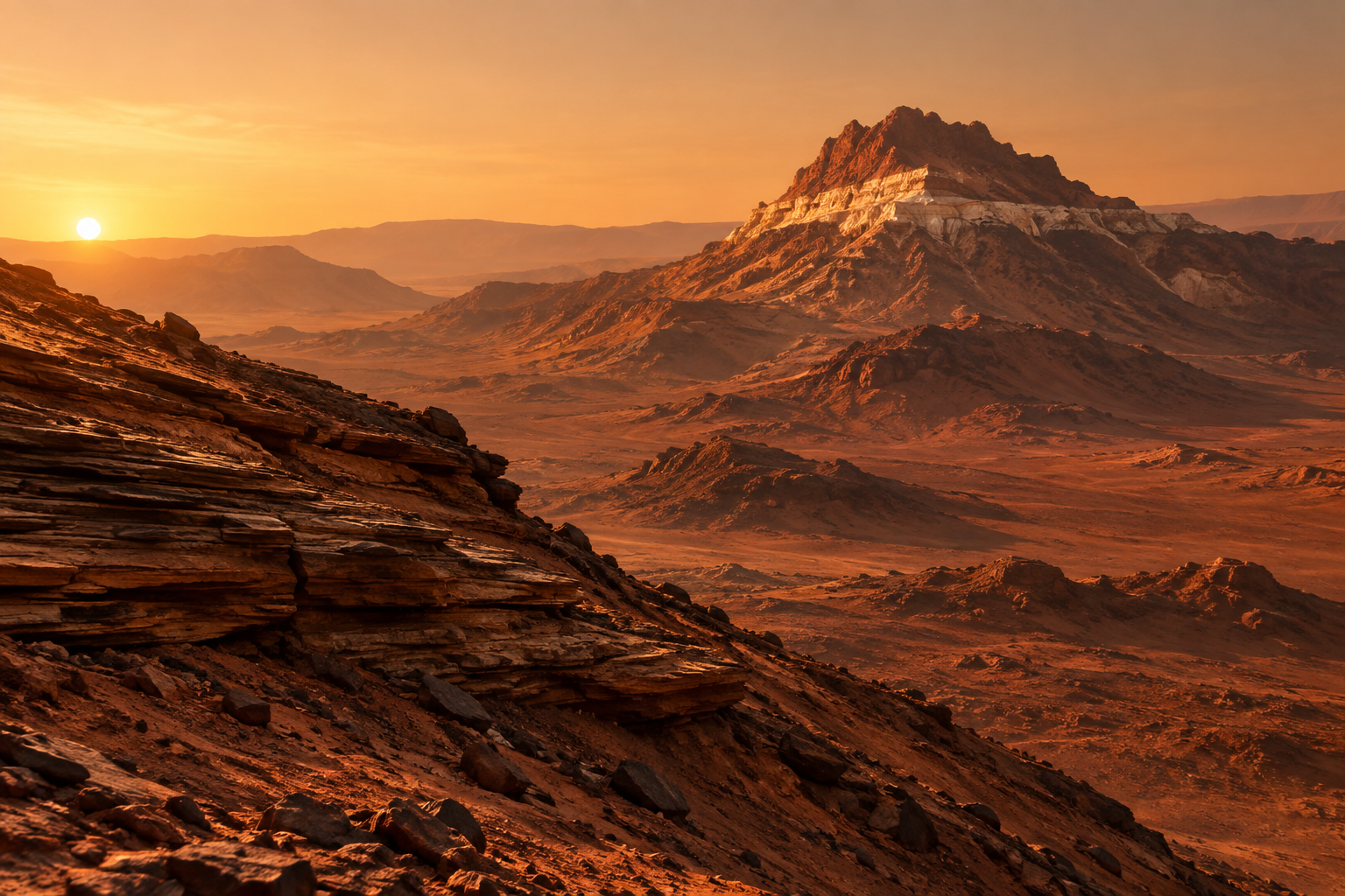 A wide, cinematic view of the Martian surface at dawn, highlighting layered rock formations and wind-sculpted peaks.