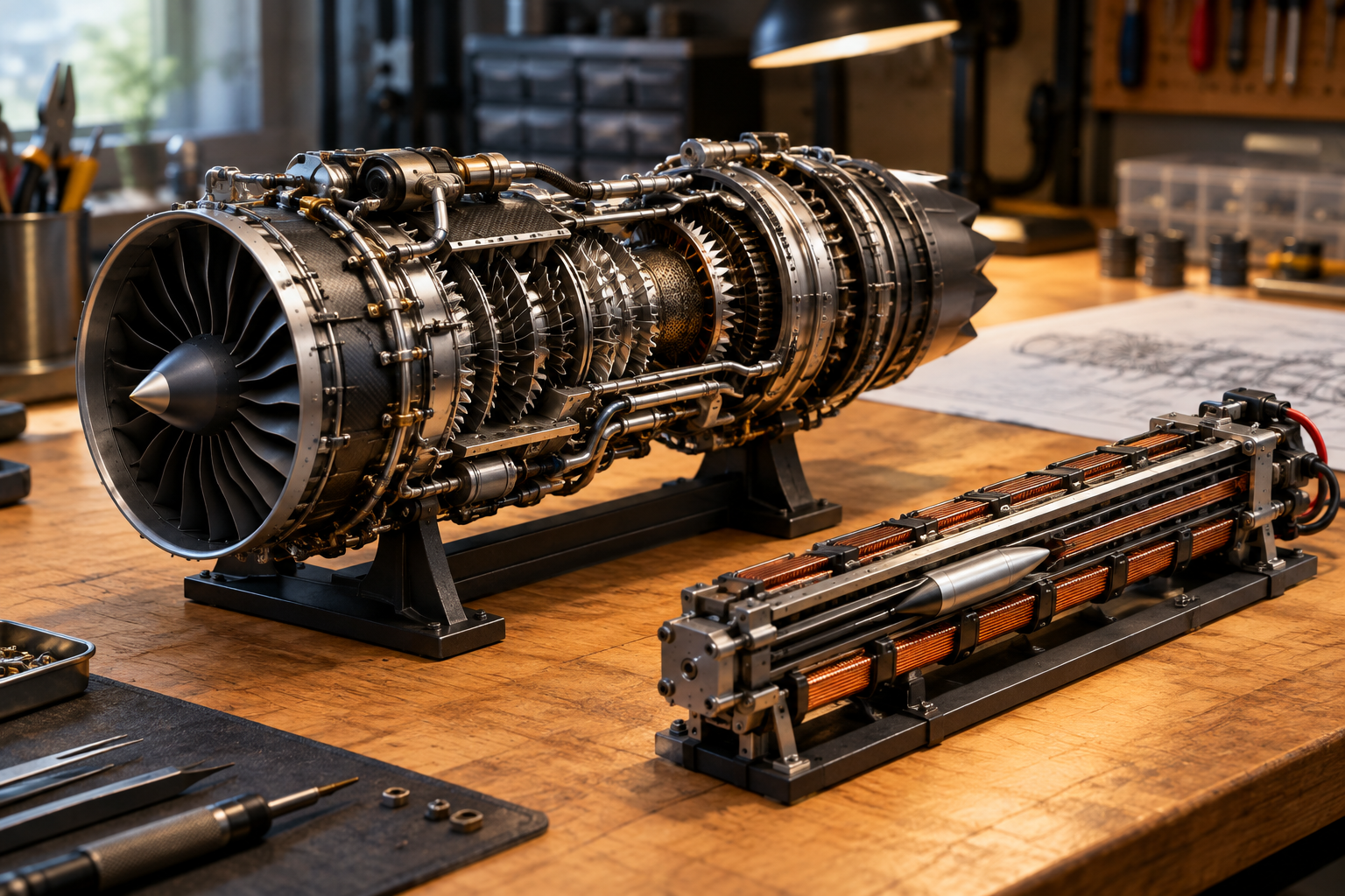 A detailed illustration of miniature, complex models of strategic hardware, including a turbojet engine, resting on a workbench in a home laboratory.