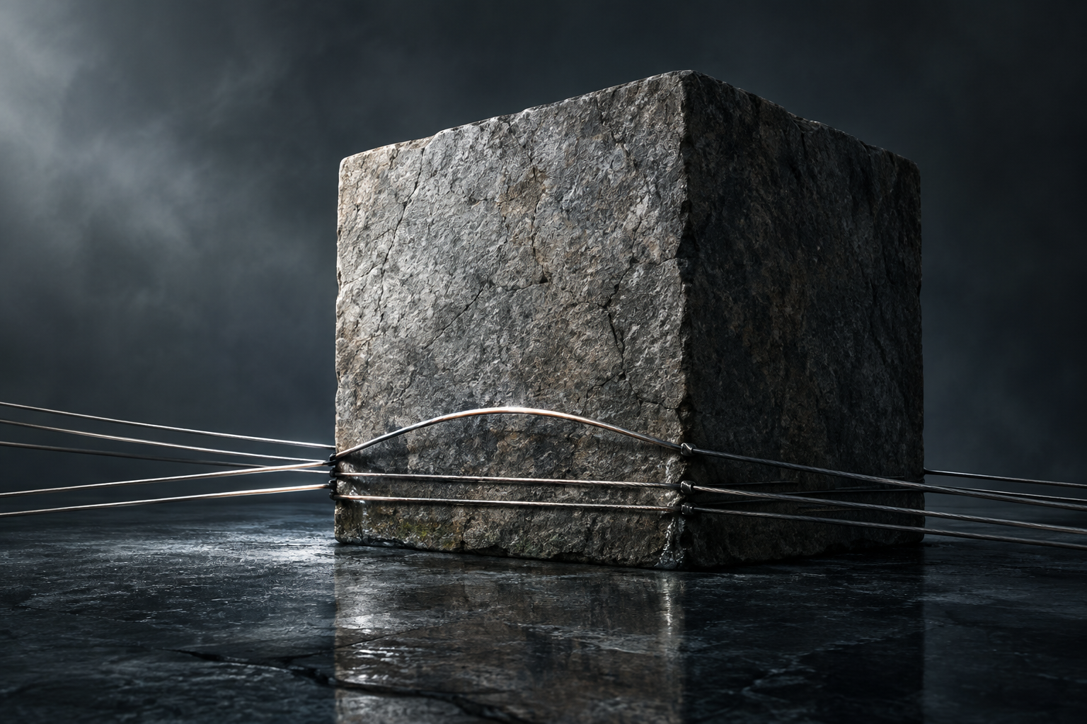 An abstract illustration showing a heavy stone block representing national debt under tension from rising financial pressures.