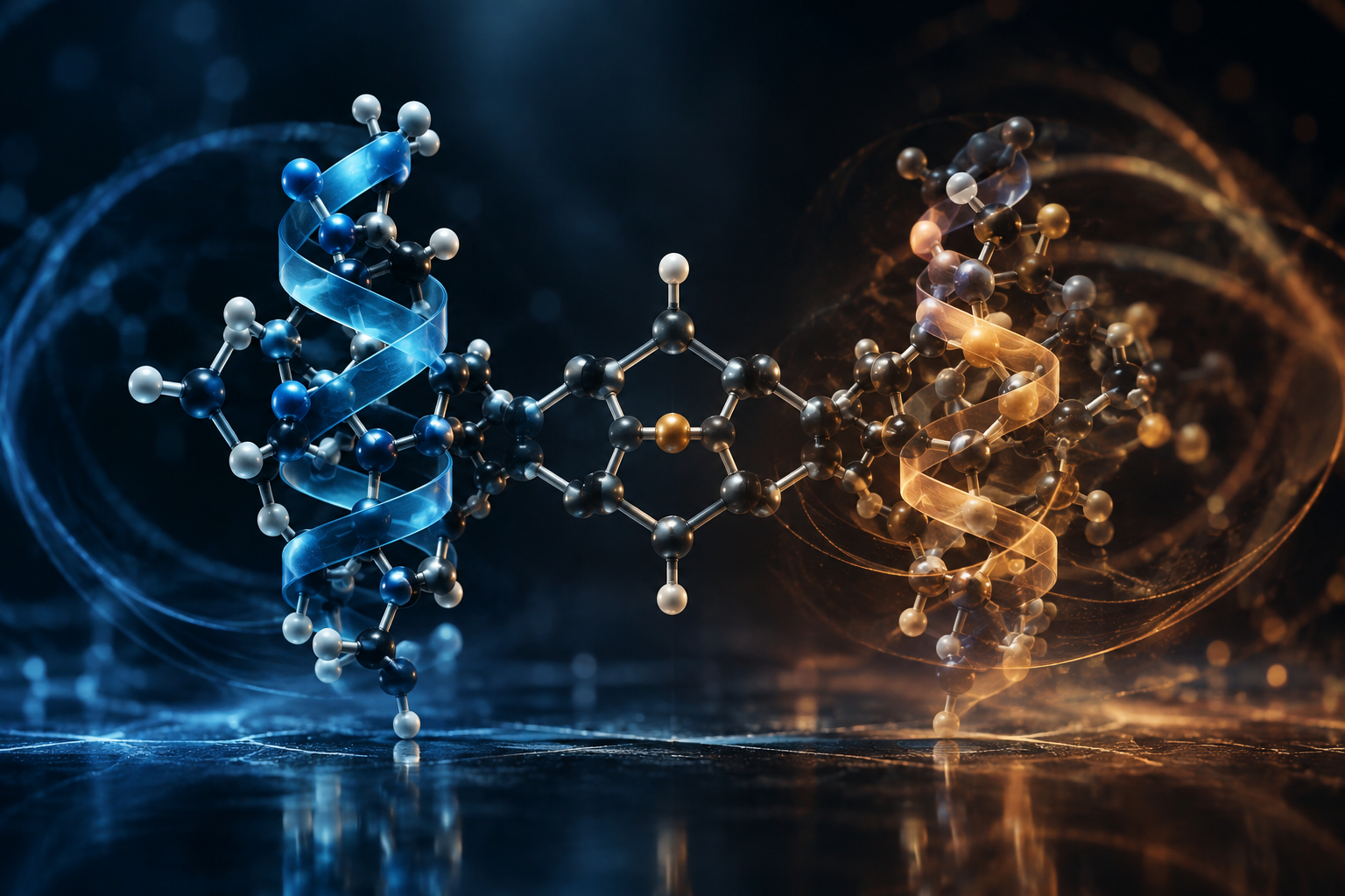 Abstract illustration representing the chemical concepts of asymmetric organic synthesis and the spontaneous emergence of molecular handedness.