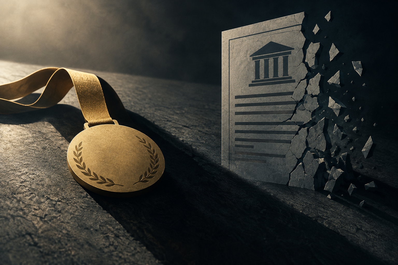Conceptual illustration depicting the tension between athletic achievement and civic duty through the fracturing of a structured framework near a gold medal.