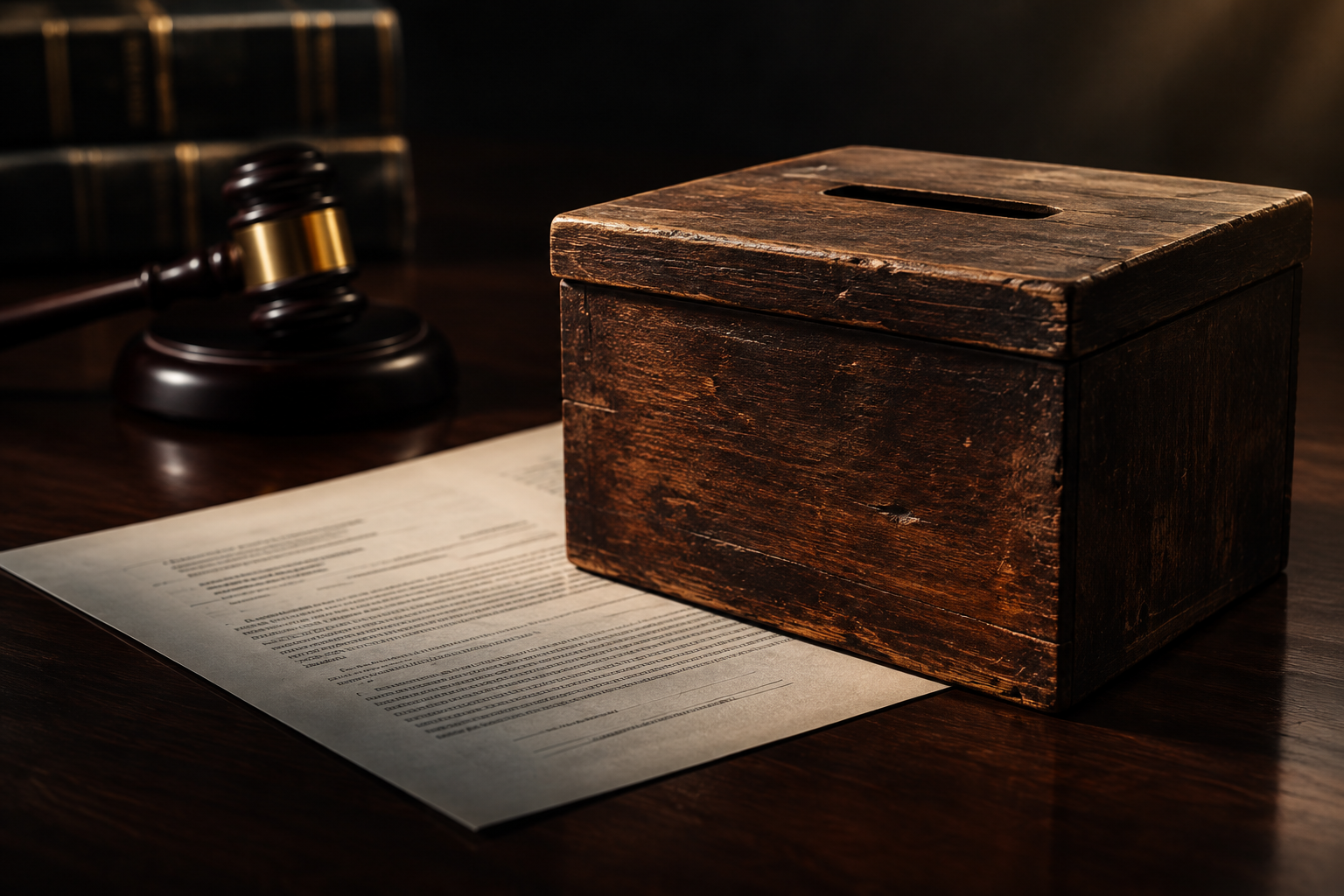 A close-up illustration of an aged wooden donation box resting on a dark surface, partially covered by a muted legal document, symbolizing financial misconduct.