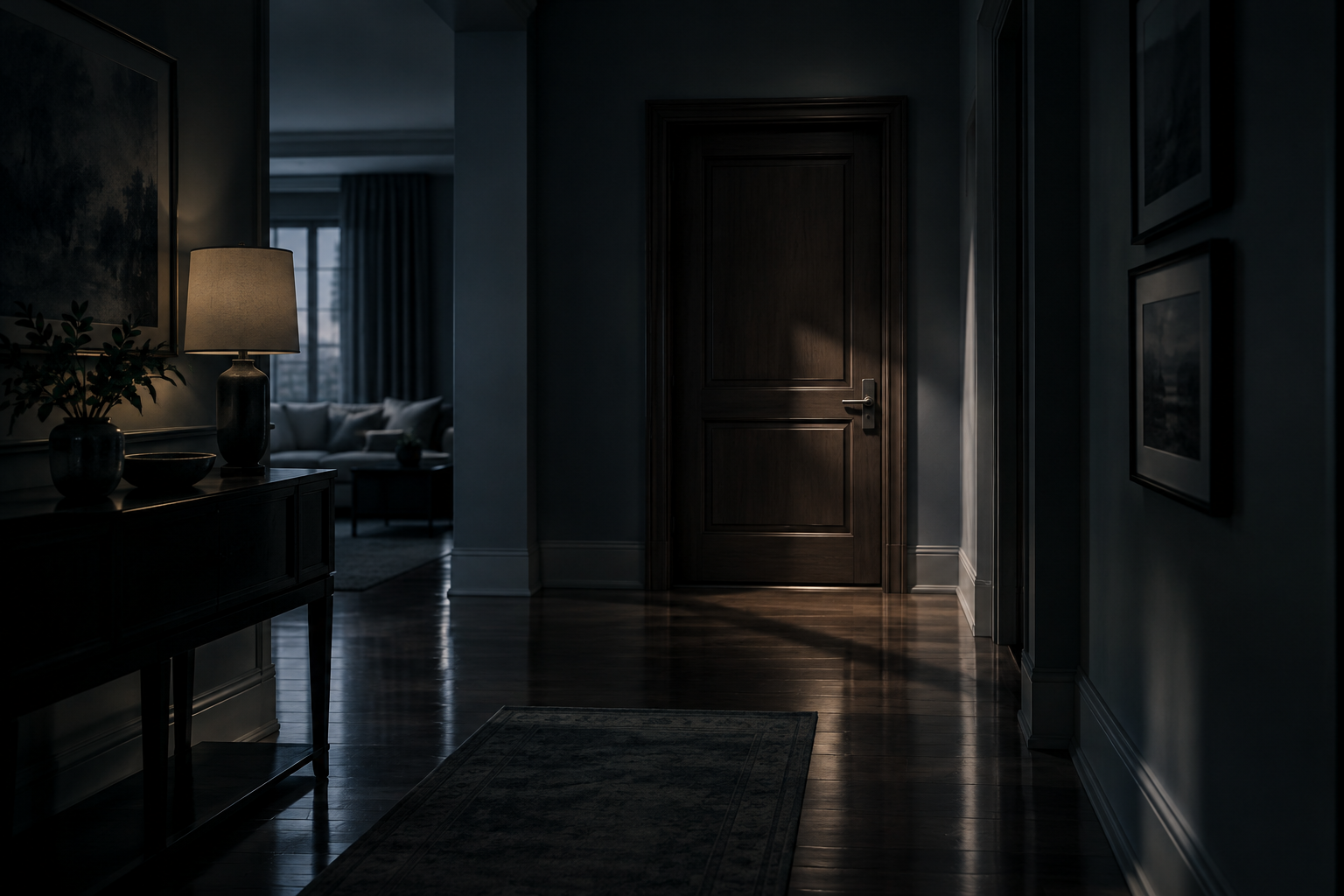 A somber editorial illustration of a closed wooden door in a dimly lit, upscale residential hallway.
